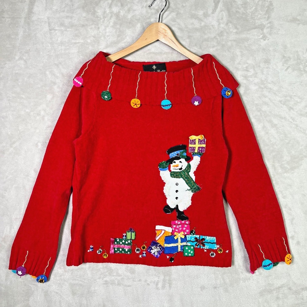 Christopher Radko Sweater M Red Christmas Snowman Ornaments Beaded Grandma